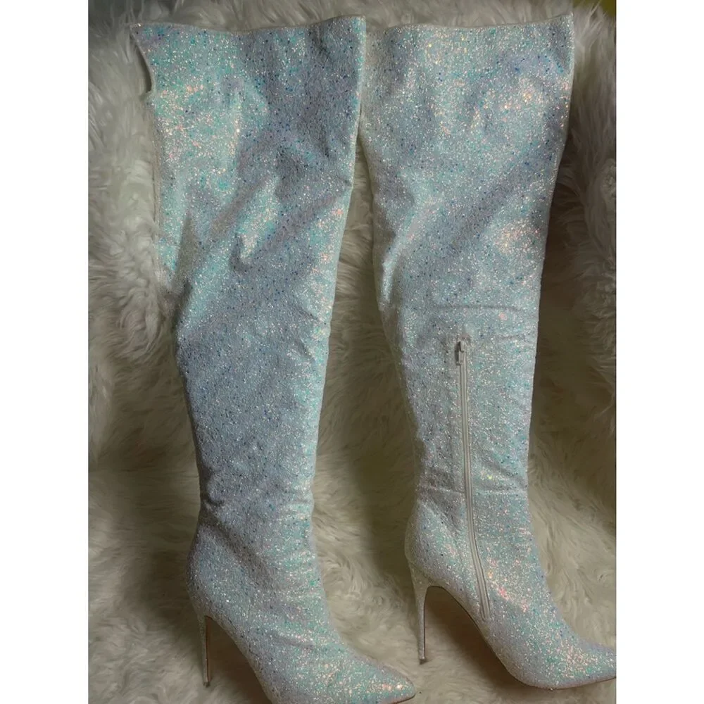 Pleaser Courtly 3015 synthetic white Iridescent glitter over the knee boots SZ13